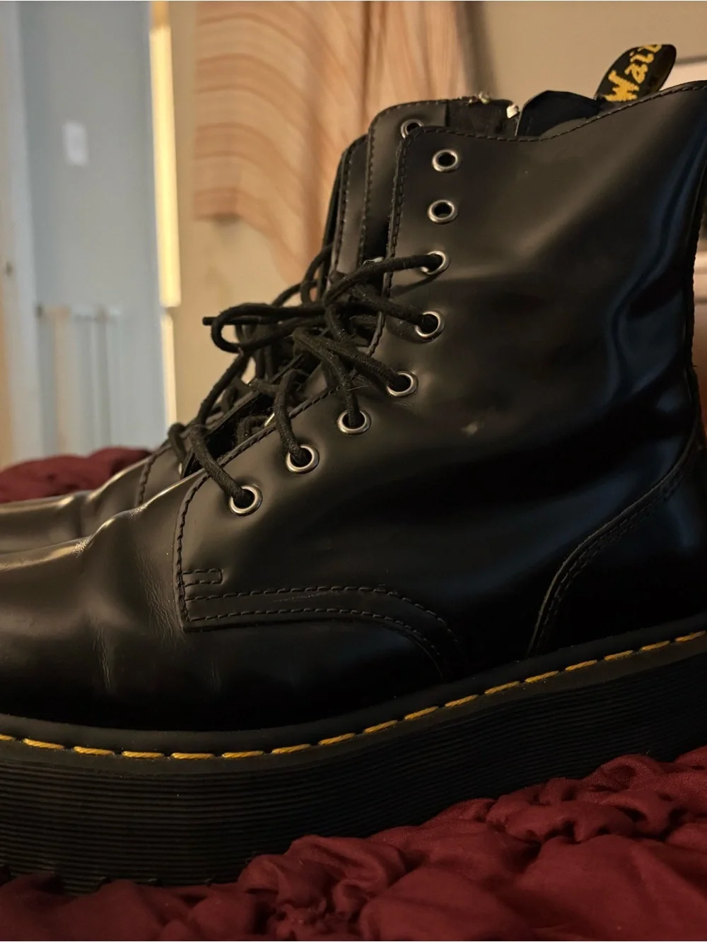 Dr. Martens Black Leather Platform Lace-Up Boot with Yellow Stitching